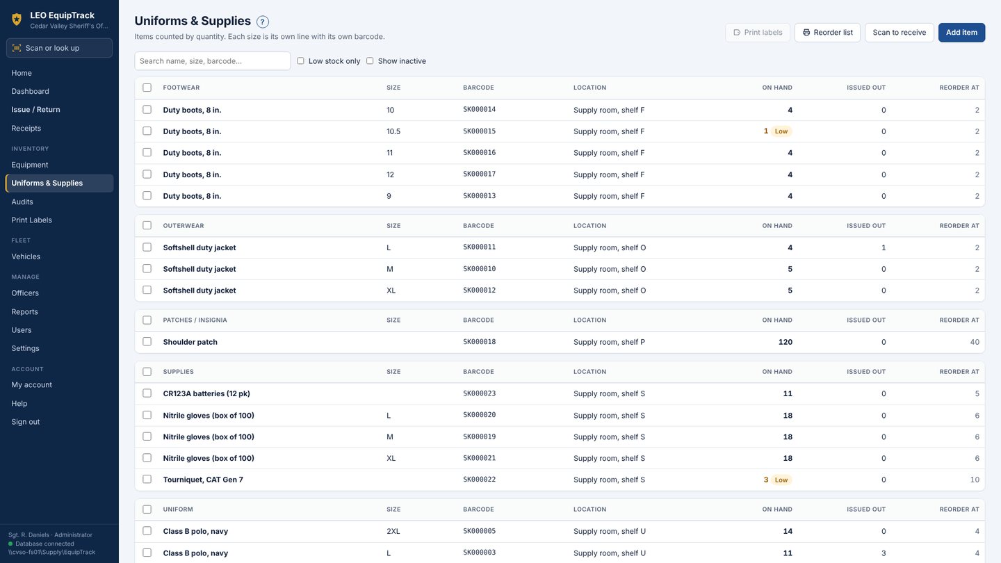 Uniforms and supplies by size, with reorder levels and scan-to-receive.