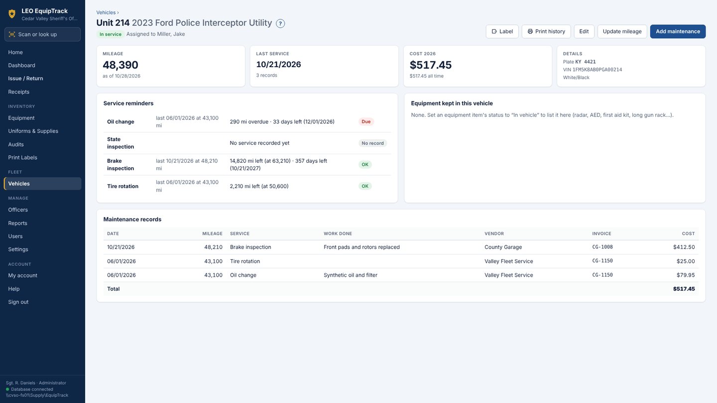Patrol vehicles with maintenance records, costs and service reminders.